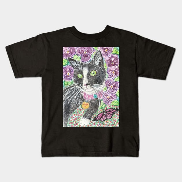 Luna tuxedo cat butterfly Kids T-Shirt by SamsArtworks